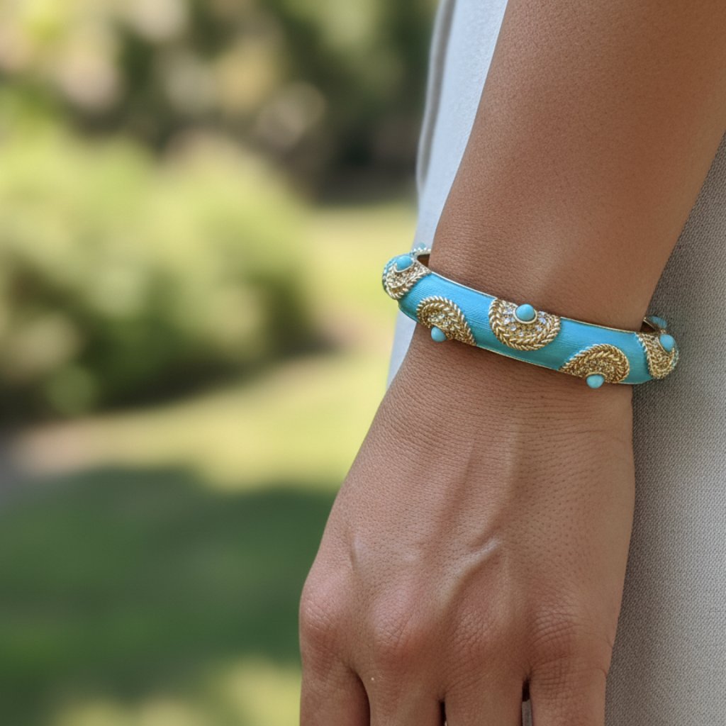 Vintage Boucher Turquoise Enamel & Gold-Tone Bangle Bracelet